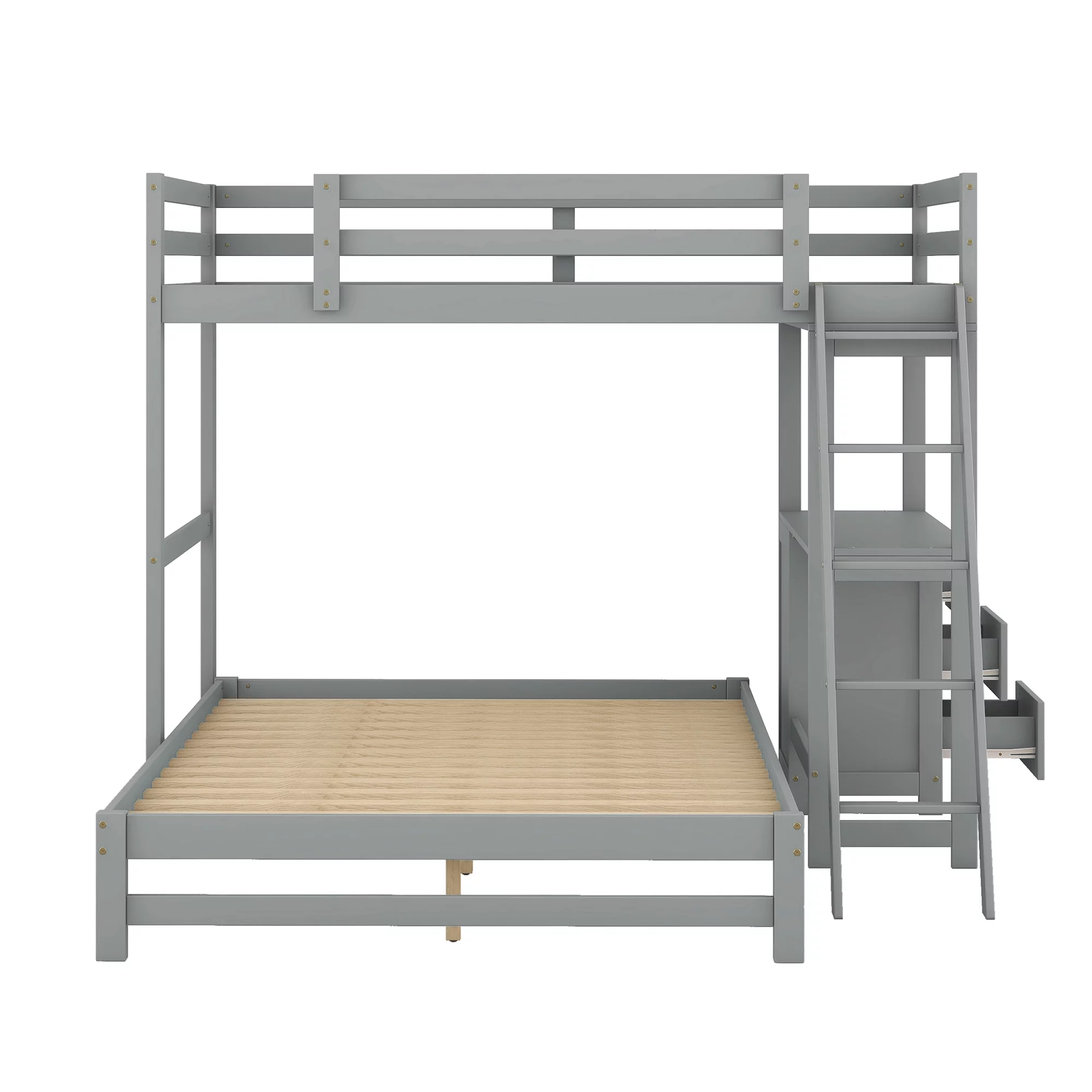 EUROCO Twin over Full Bunk Bed with Desk and Drawers for Kids Room, Gray