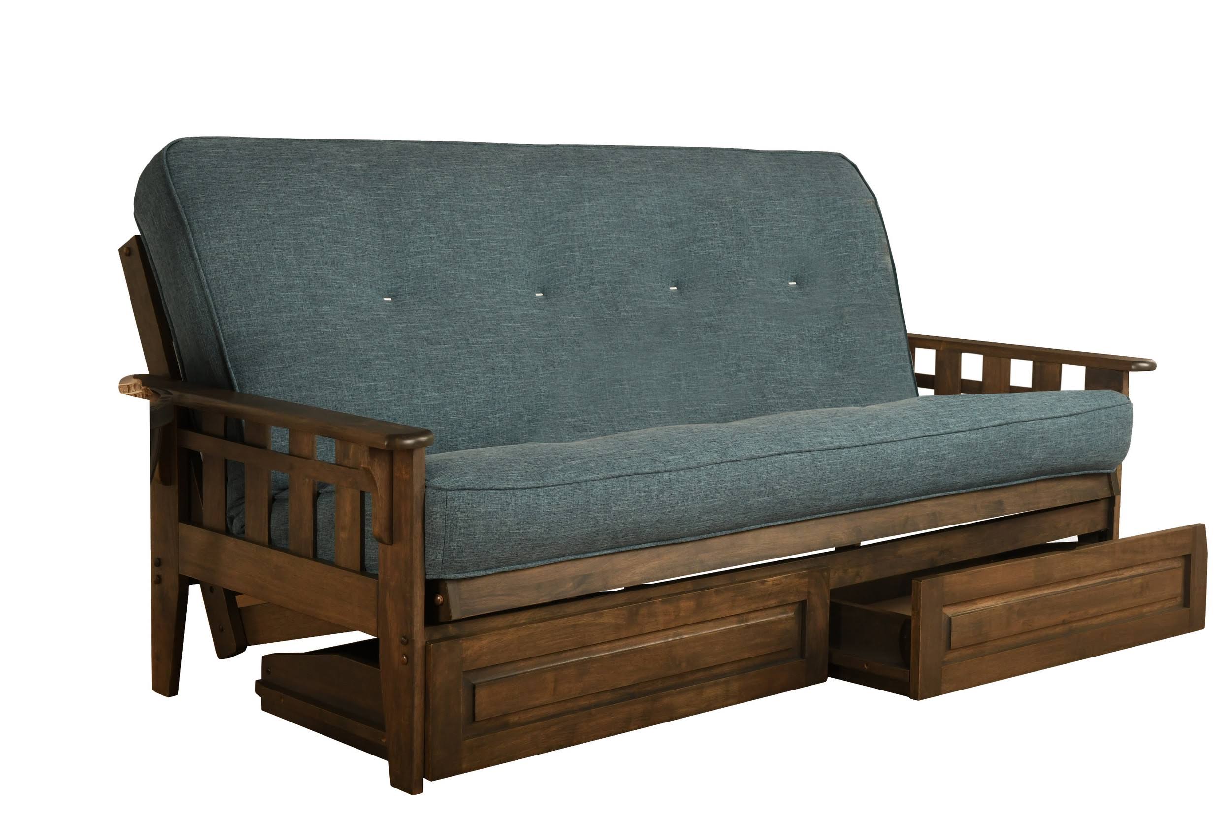Kodiak KFTSDRWLAQULF6MD4 | Kodiak Tucson Rustic Walnut Full Futon with Linen Aqua Mattress u0026 Storage Drawers Sold by Goedeke