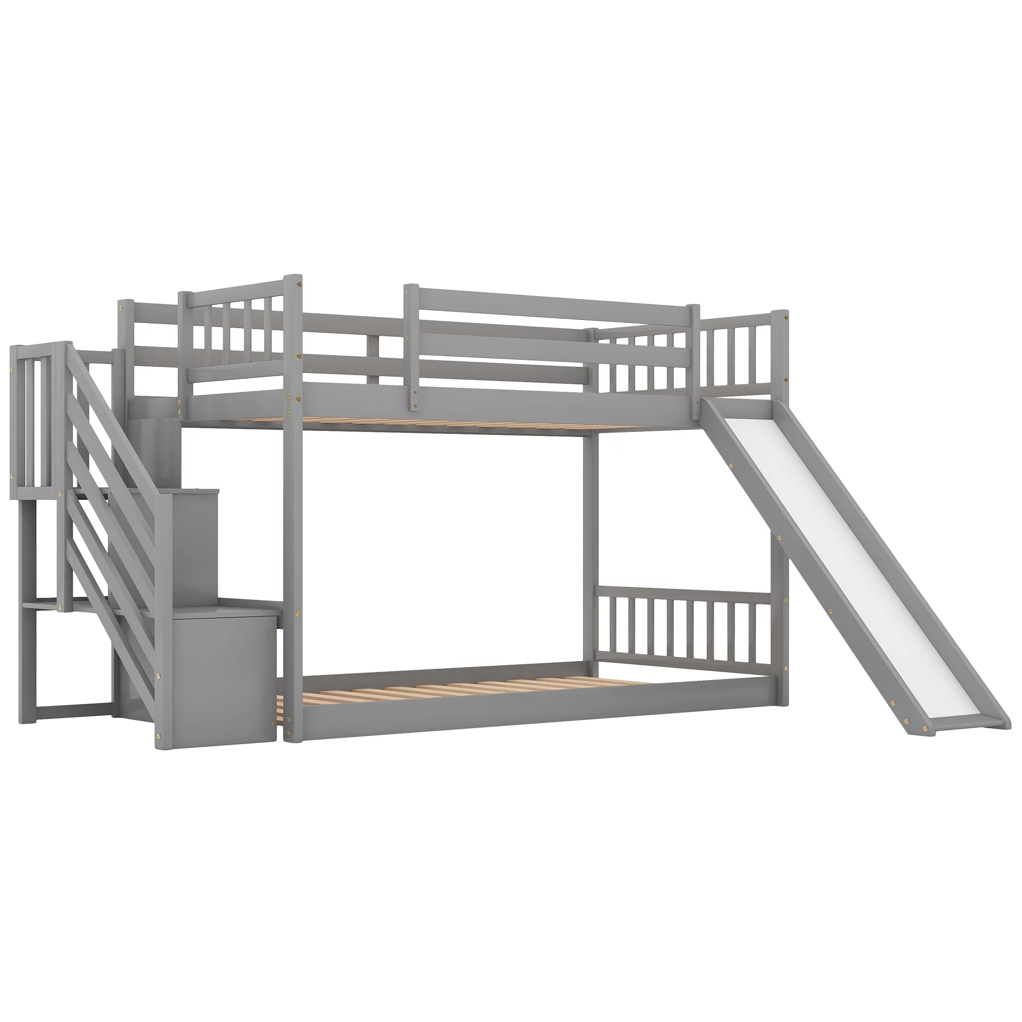 THINK 30,Solid Wood Twin Over Twin Bunk Bed with Convertible Slide and Stairway, Low Bunk Bed with Storage Space Multifunctional Design, Gray