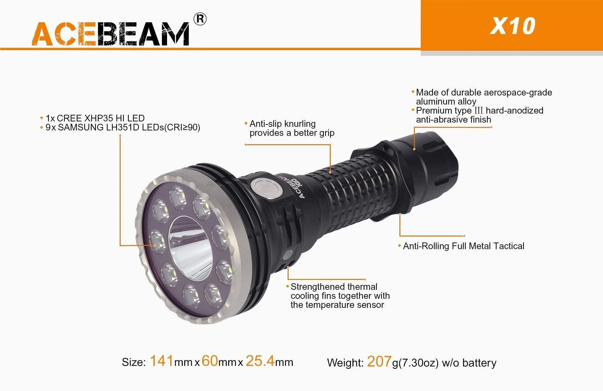 Acebeam X10 LH351D + XHP35 Hi 7000 Lumen Searchlight (1 x 21700 USB-C Battery Included)