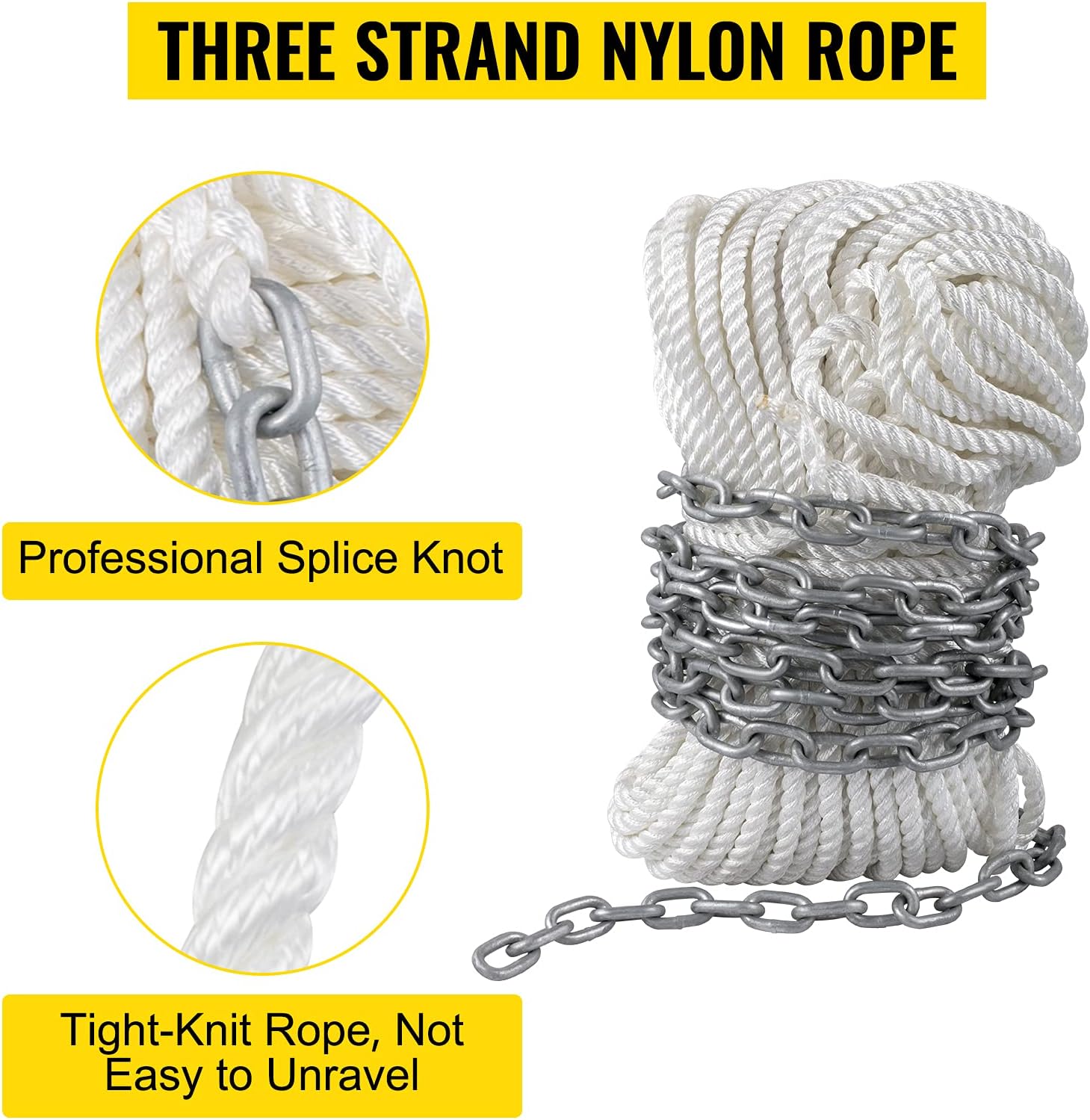 VEVOR Anchor Rode and Chain, 15' x 5/16" Boat Anchor Chain, 1/2" x 200' Nylon Rope, 2.2T Chain Tension Galvanized Steel Chain, Windlass-Grade Three Strand Twist Nylon, Anchor Chain for Boats, Ships
