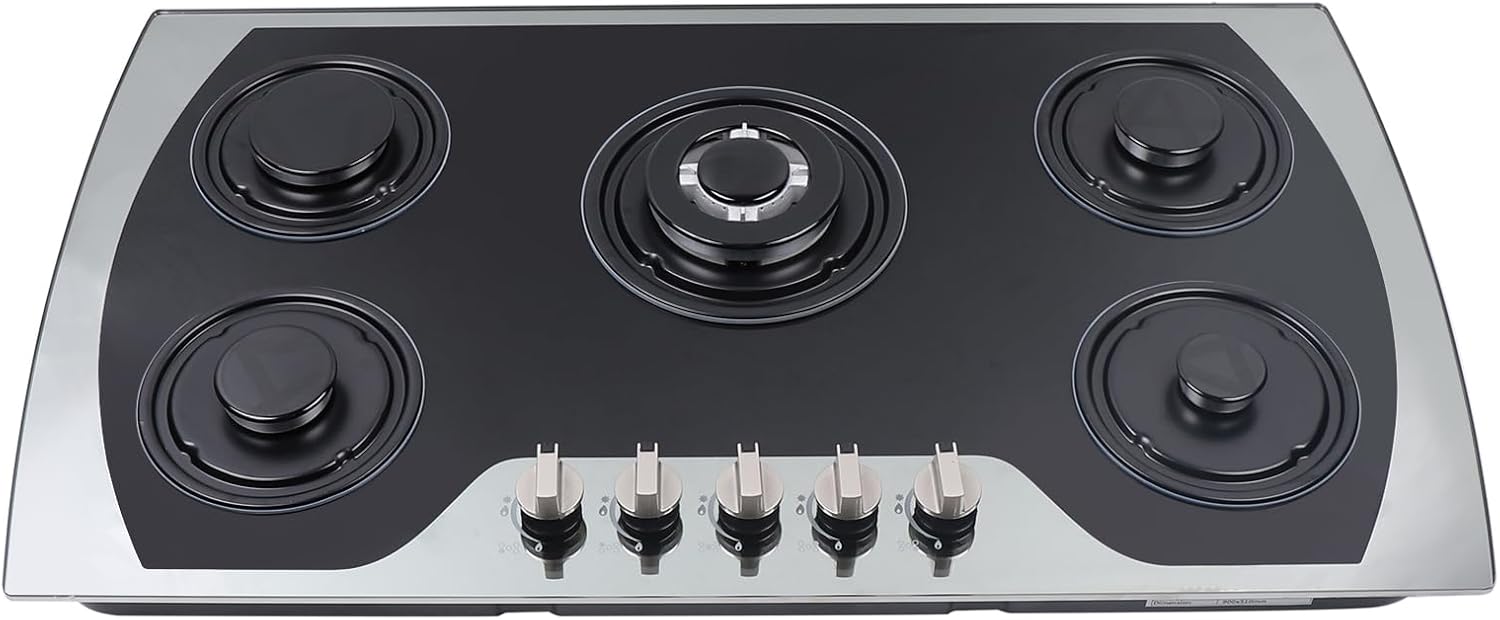 35.4 Inch Gas Cooktop with 5 Burners, Built-in Stove Top Stainless Steel, Tempered Glass Surface, LPG/NG Gas Stove for Countertop, Home Improvement Essentials