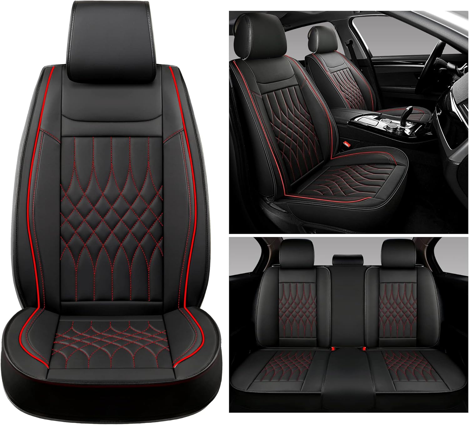 Sanwom Leather Car Seat Covers Full Set, Universal Automotive Vehicle Seat Covers, Waterproof Vehicle Seat Covers for Most Sedan SUV Pick-up Truck, Black and Red
