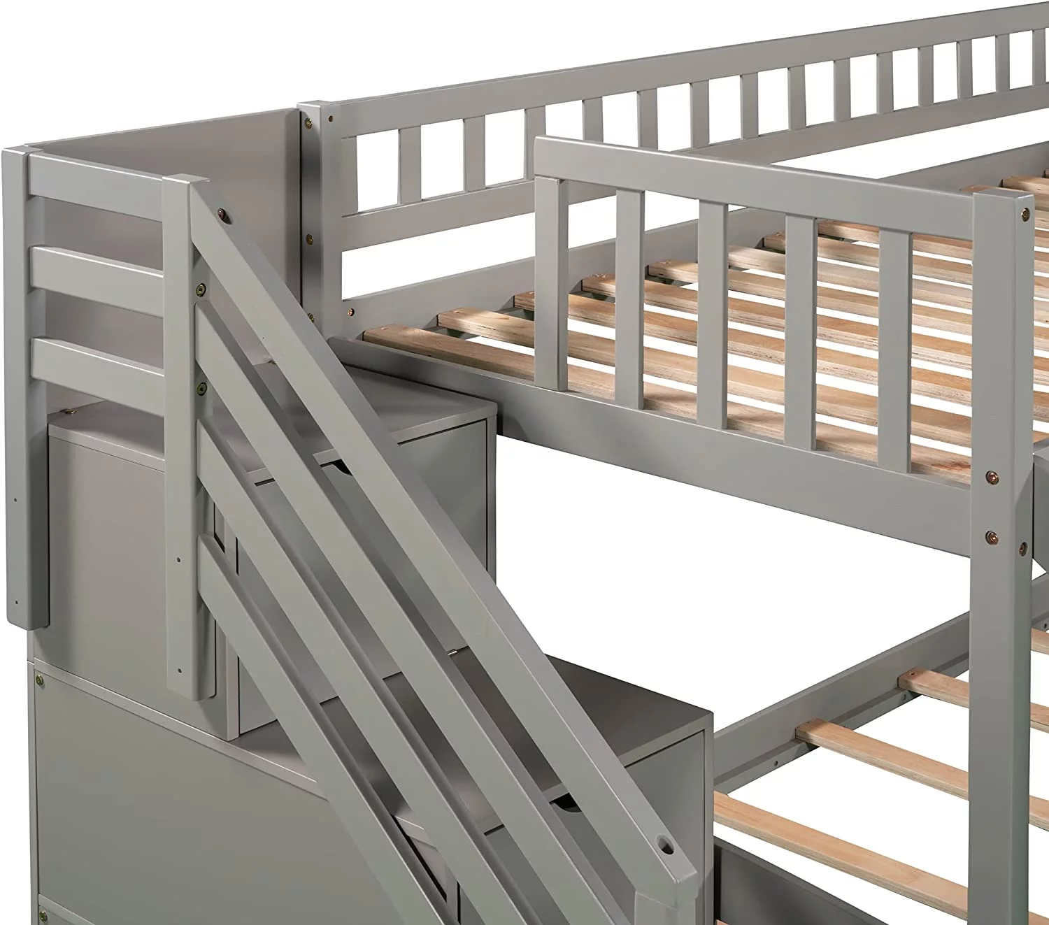 Kids Bunk Bed Over , Wooden Bunk Bed With Slide And Guardrail, Floor Bunk Bed With Stairway/Two Drawers/Handrail, Space-Saving Bedroom Dormitory Furniture (Gray)
