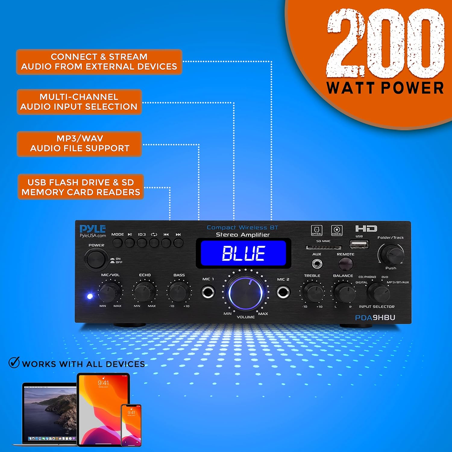 Wireless Bluetooth Home Stereo Amplifier - Multi-Channel 200 Watt Power Amplifier Home Audio Receiver System w/HDMI, Optical/Phono/Coaxial, FM Radio, USB/SD, AUX, RCA, Mic - Remote - Pyle PDA9HBU.5