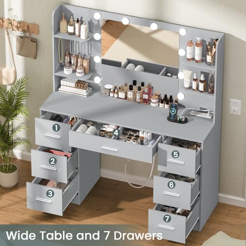 Quimoo Large Vanity Desk with LED Lighted Mirror & Power Outlet,Makeup Vanity Table with 7 Drawers,4 Shelves and 5 Hooks,Vanity Table, Vanity Desk Set for Bedroom,Bathroom,White