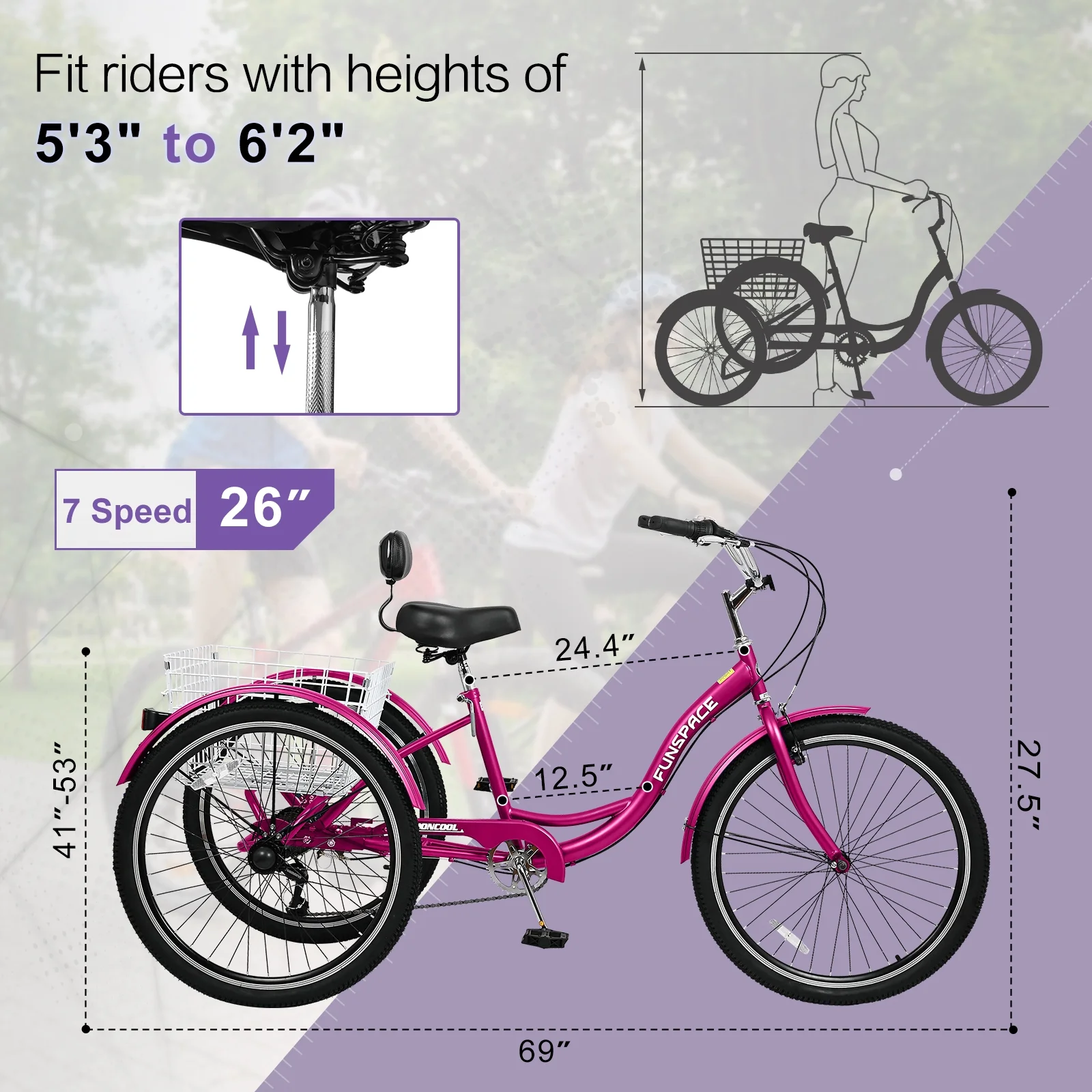 MOPHOTO Adult Tricycles 3 Wheel 7 Speed Trikes, 20/24/26 inch with Big Basket for Shopping, Picnics Exercise Men's Women's Senior's Trike