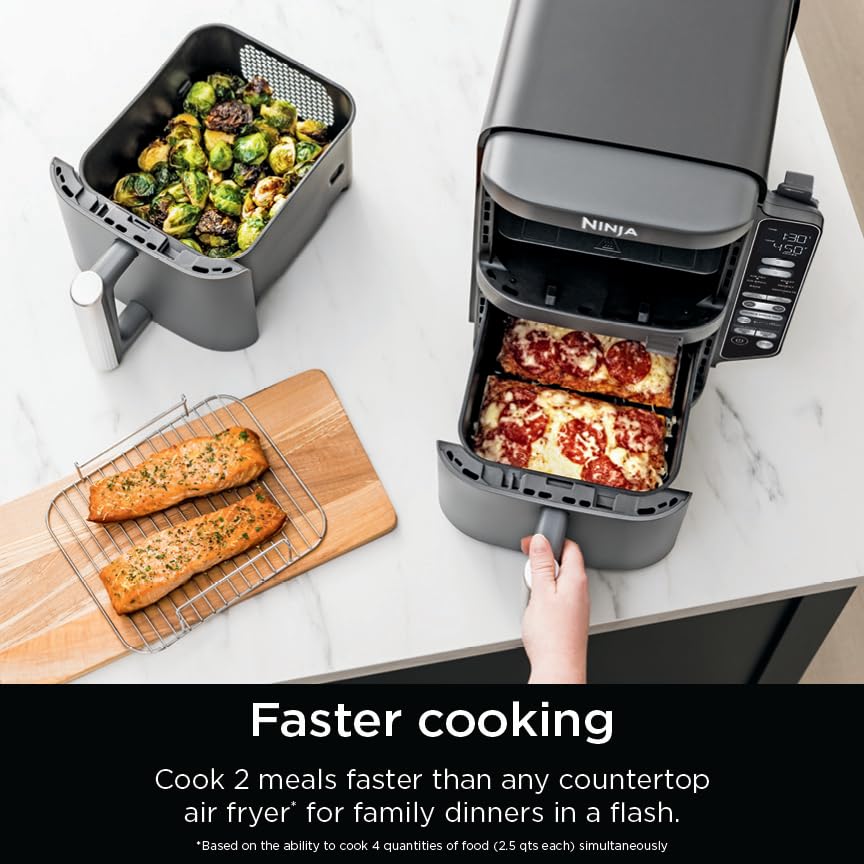 Ninja Air Fryer, 8 QT DoubleStack 2-Basket, Space Saving Design, Cooks 2lb Chicken Wings, Feeds up to 6 People, 6-in1 Air Fryer, Roast, Bake & More, Easy to Clean, Dishwasher Safe Parts, Black, SL201
