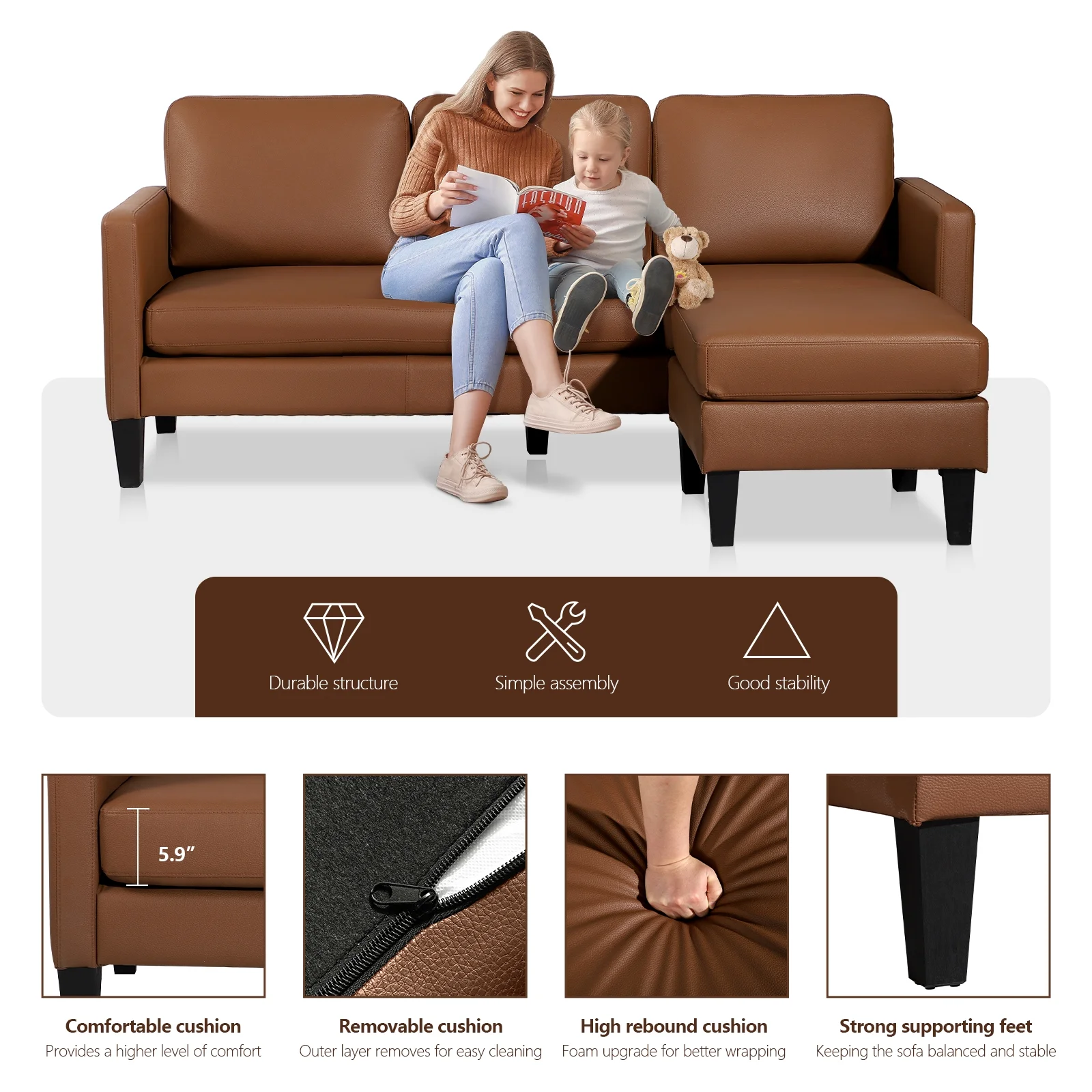 Haverchair Faux Leather Sectional Sofa, L Shaped Sofa with Reversible Chaise Convertible Sectional Couch 3-Seater Modern Small Couches for Small Space,Brown