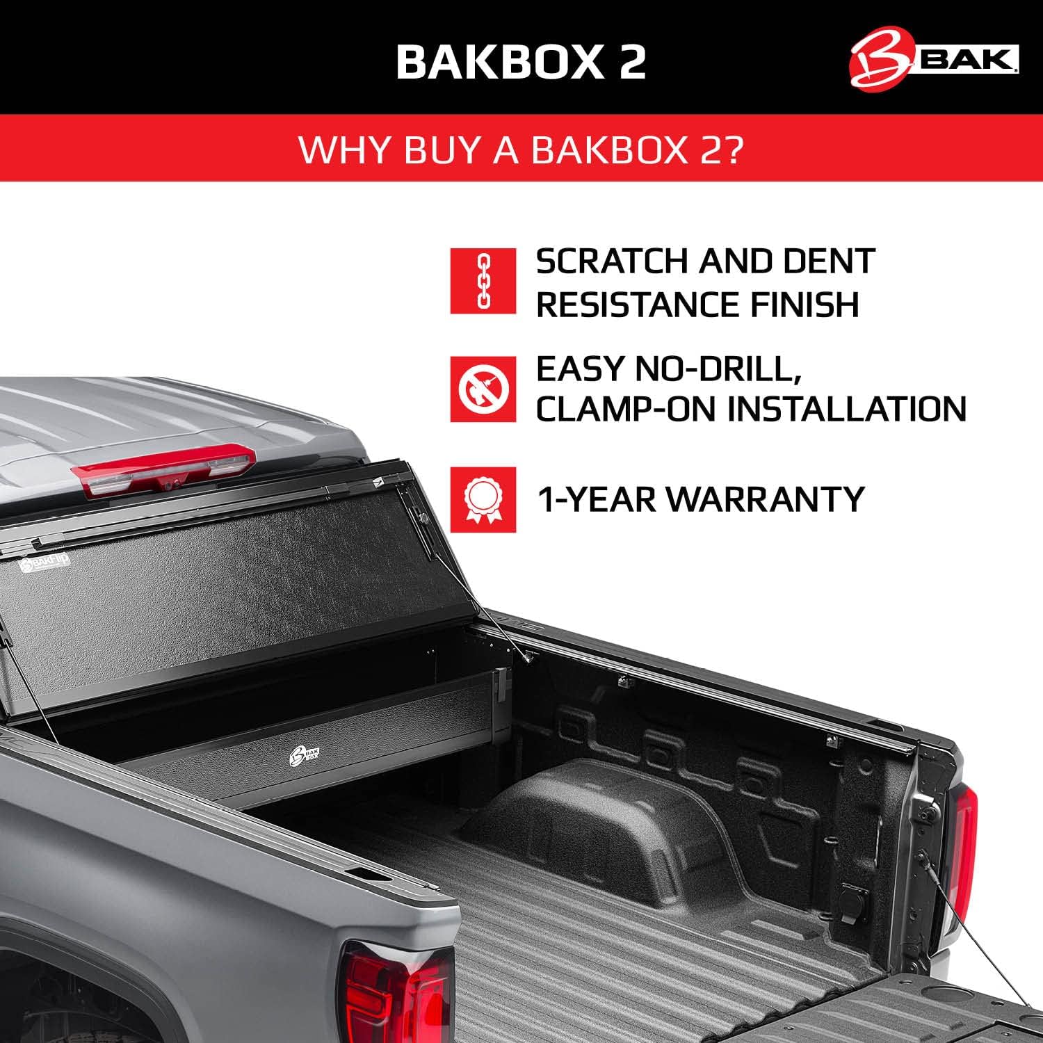 BAK BAKBox 2 Fold-Away Utility Box | 92120 | Fits 2014 - 2022 Chevy/GMC Silverado/Sierra (w/o CarbonPro Bed) 1500, 2015-21 2500/3500HD All Beds , Black