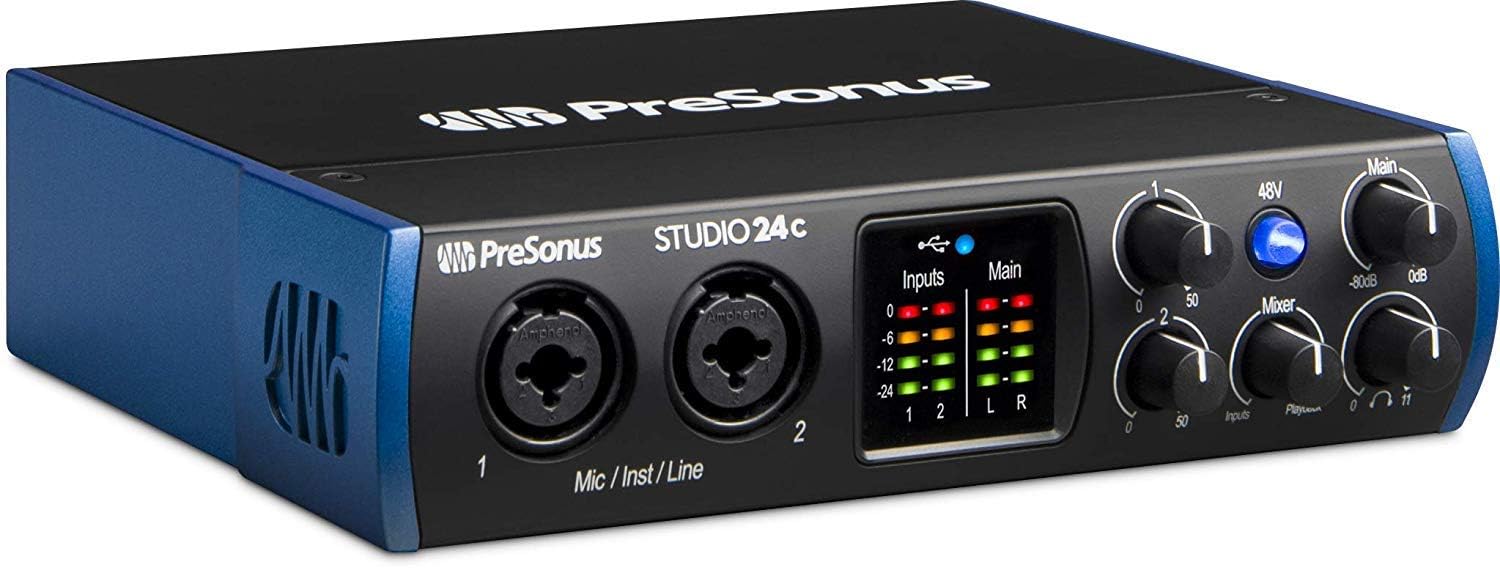 PreSonus Studio 24c 2x2 USB Type-C Audio/MIDI Interface and Studio One Artist Software kit with Condenser Microphone Shockmount, and XLR Cable