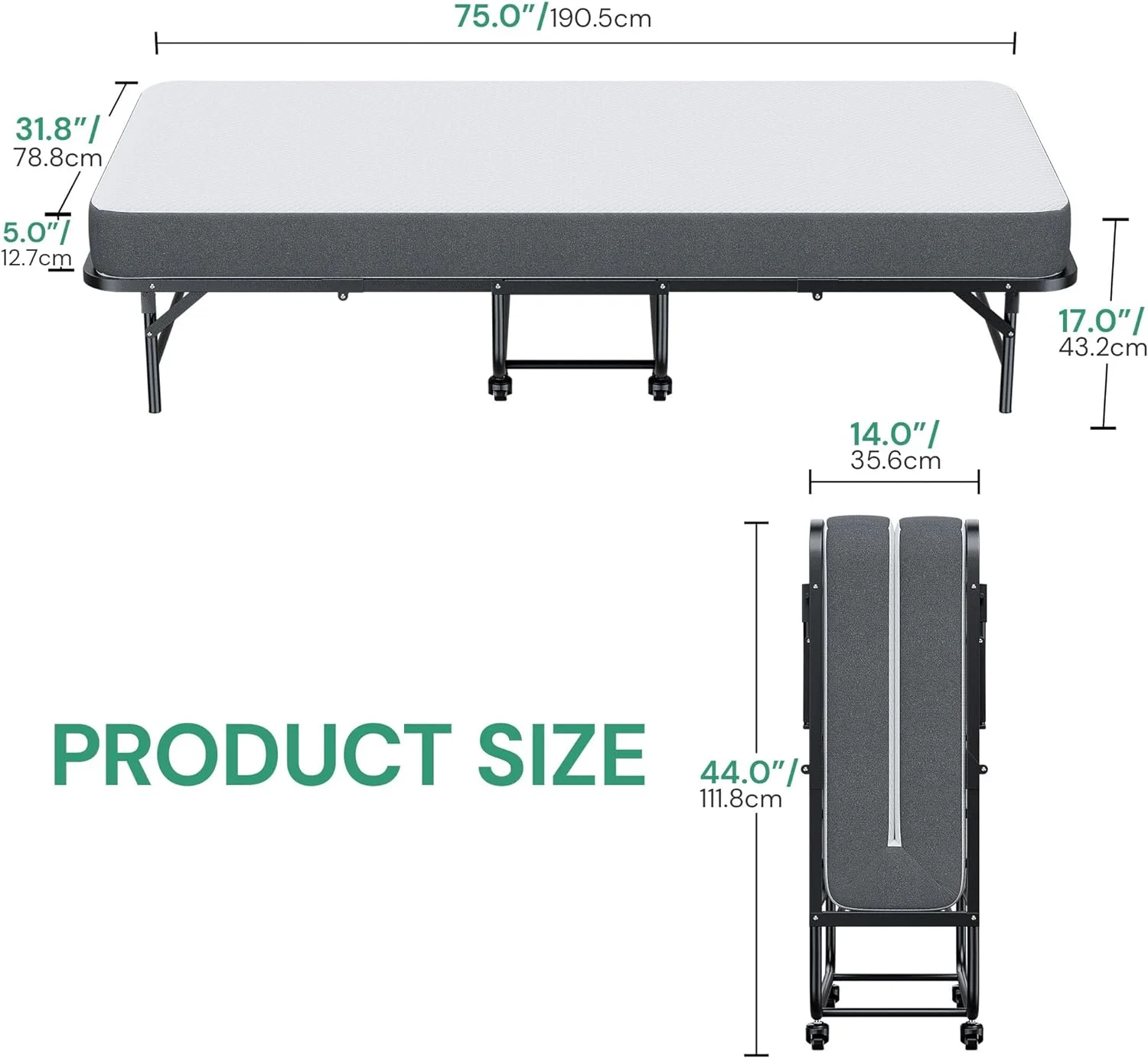 Folding Bed with Mattress, 75" x 31", Rollaway Bed Guest Bed Portable Foldable Extra Bed for Adults, Fold up Bed with 5" Memory Foam Mattress, Space-Saving Sturdy Metal Frame (Cot Size)