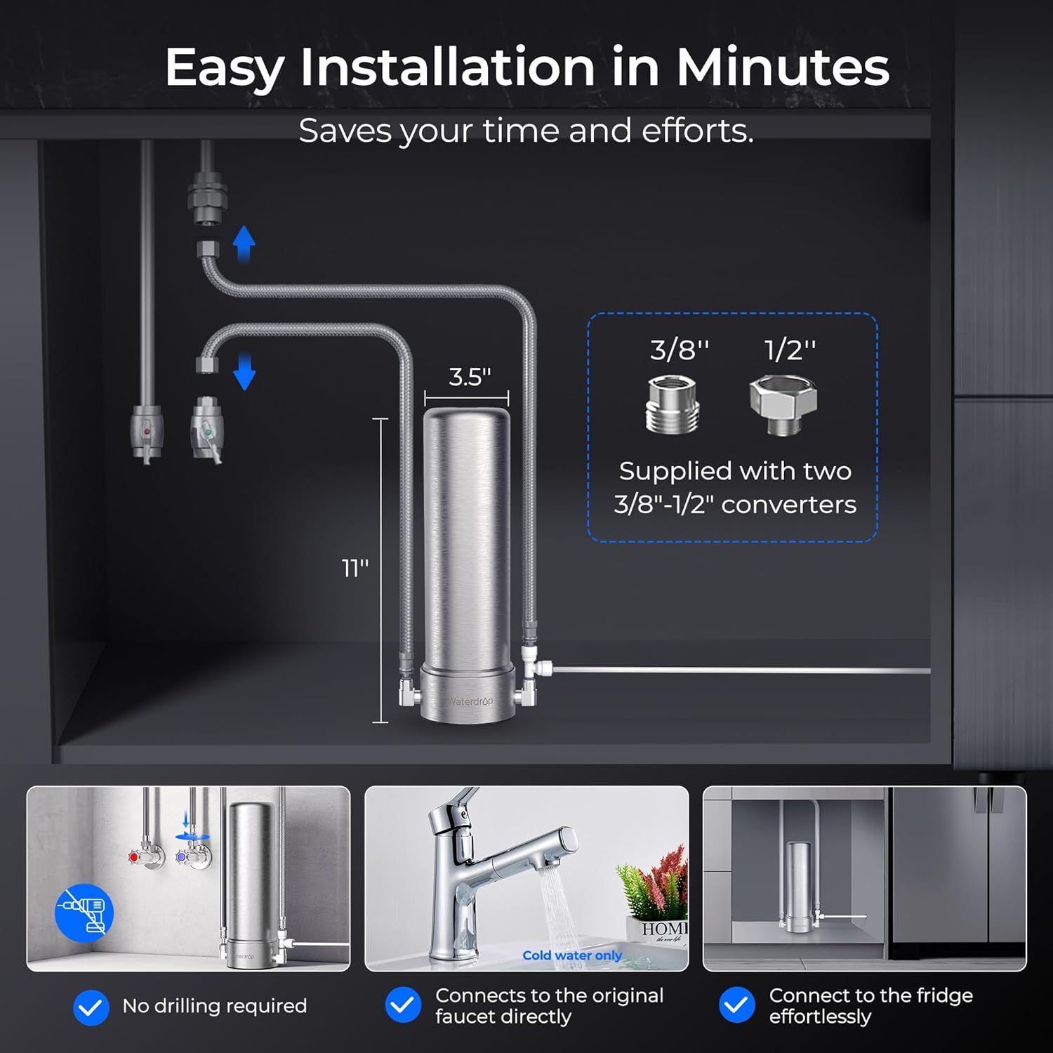 Waterdrop TST-UF + AP13 0.01μm Ultra-Filtration Under Sink Water Filter, Stainless Steel, 5X Service Life,Remove 99.99% of Contąminants Larger Than 0.01μm