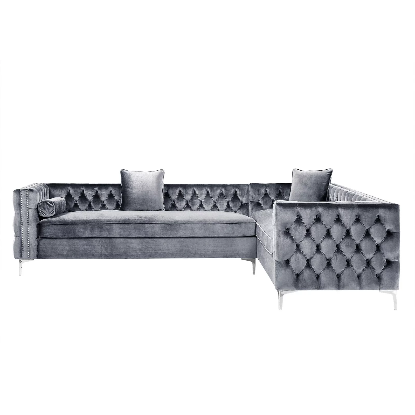 Inspired Home Sania Velvet Corner Sectional Sofa 120" Right Facing Button Tufted Nailhead Trim, Grey