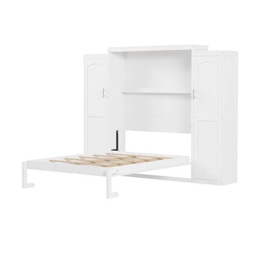 KLMM Wooden Murphy Bed Wall Bed with 2 Wardrobe and Storage Shelf,Foldable Platform Bedframe for Guest-Room Bedroom Study Office Use (White#E, Full)