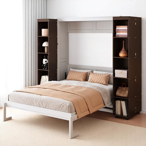 MERITLINE Foldable Hidden Queen Murphy Bed Cabinet with Storage Bookshelf Bookcase, Wood White Murphy Wall Bed with Storage Shelves for Adults (Espresso)