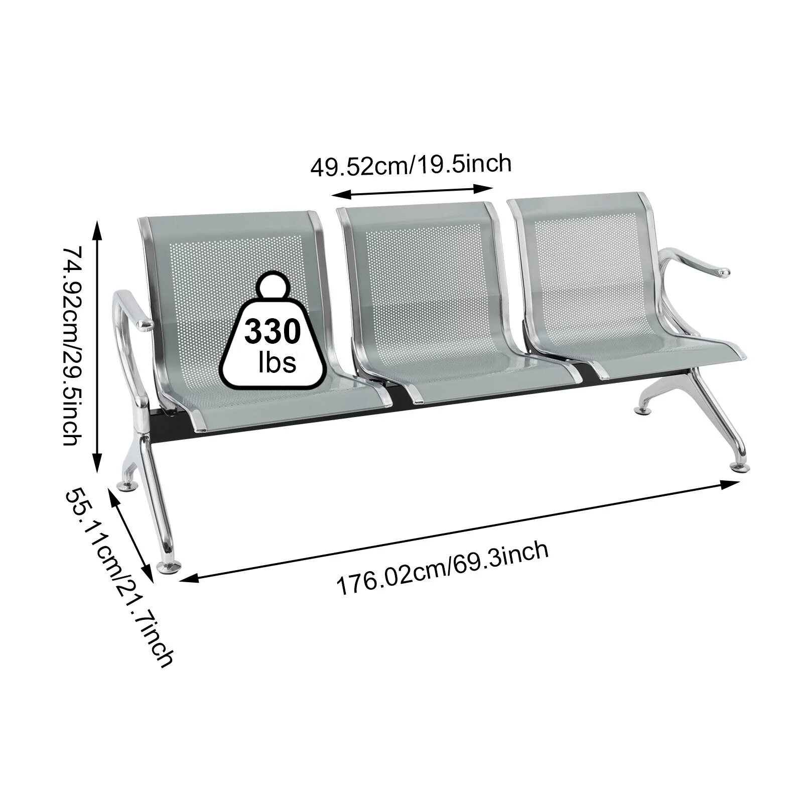 Miumaeov Office Reception Chair 3-Seat Guest Reception Chairs Waiting Room Chairs Steel Reception Bench with Arms for Airports Hospitals Barber Stores Silver