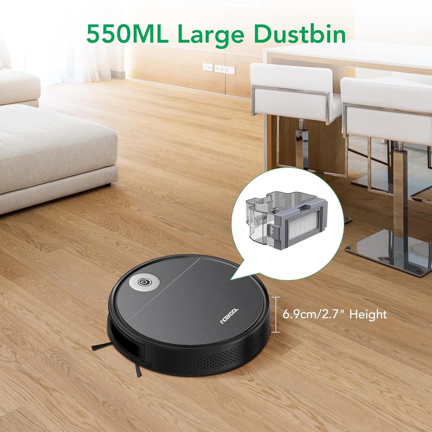 Robot Vacuum Cleaner, Acekool Automatic Vacuum Robotic Smart Self-Charging Wi-Fi Robot 1700pa Strong Suction 170min Runtime Good Cleaning Dust, Pet Hair for Carpets, Hard Floors