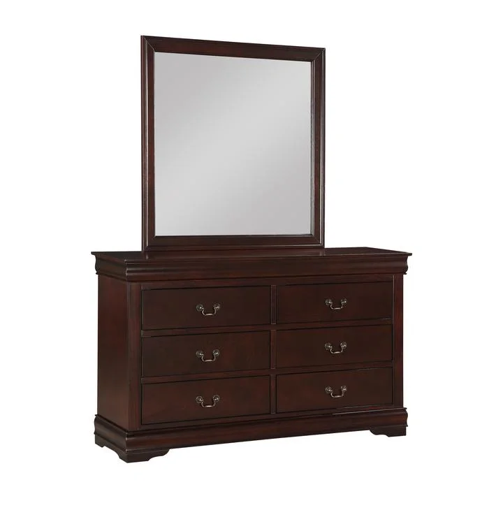 6pc Transitional King Panel Bed Set Dresser Mirror Nightstand Chest Cherry Finish Wooden Louise Bedroom Furniture