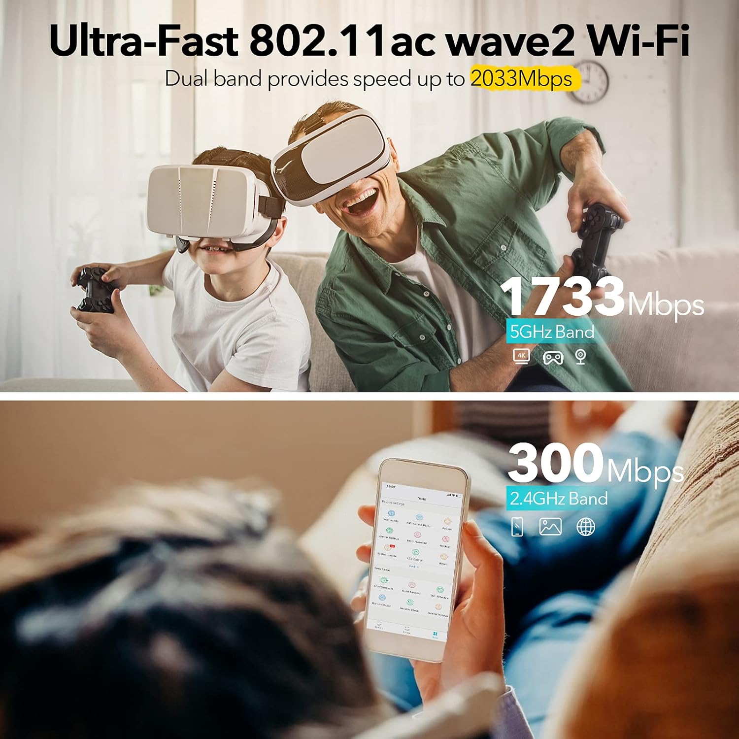rockspace AC2100 WiFi Router-Dual-Band Smart Wi-Fi Router Upgrades to 2033 Mbps(5G) High-speed, Features MU-MIMO, 4 Gigabit LAN Ports, ONE SSID, Parental Control, Lifetime Internet Security for Gaming Pack of 2