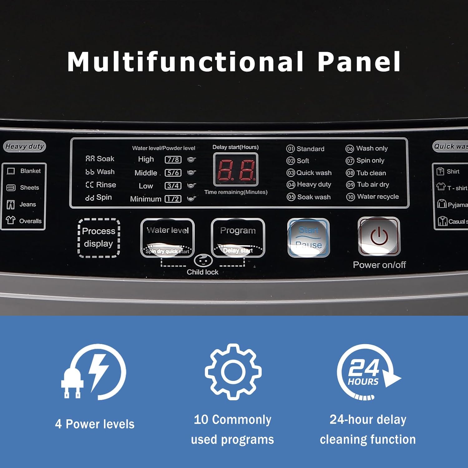 Washing Machine Washer Machine 1.25cu.ft Apartment Dorm Laundry Compact Portable Washer Gray Full Automatic, 8 Water Levels, 10 Wash Programs