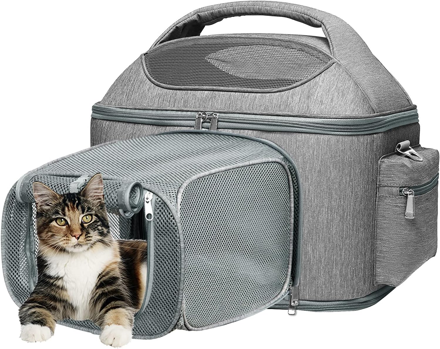 X-cosrack Expandable Pet Travel Bag, 3 Open Doors, Mesh Window and Escape-Proof Buckle, Airline Approved Soft-Sided Pet Travel Carrier for Small Medium Cats