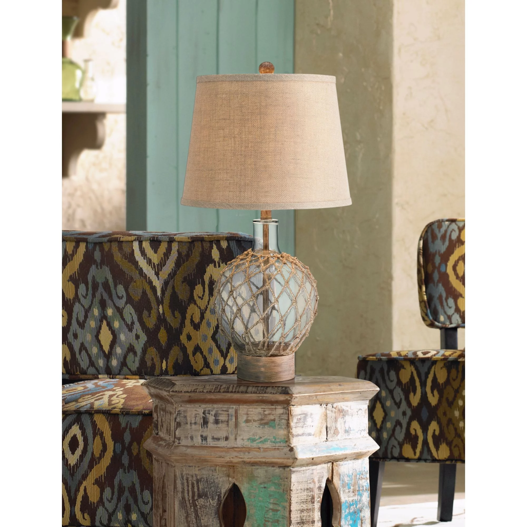 360 Lighting Coastal Table Lamps 27" Tall Set of 2 Rope and Clear Glass Jug Burlap Drum Shade for Living Room Family Bedroom Nightstand