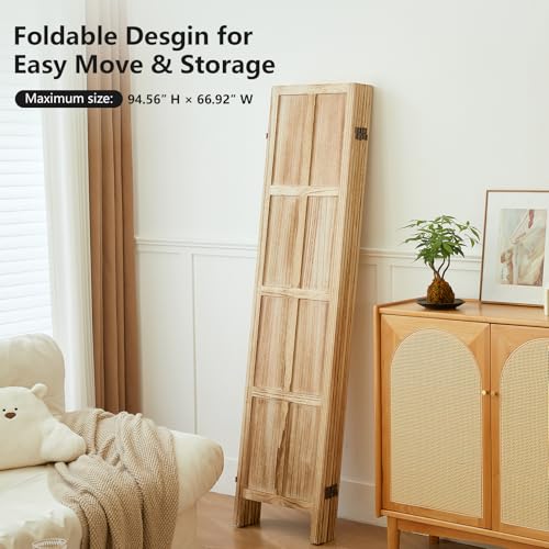 Wood Room Divider 4 Panel, 5.6 FT Tall Room Divider and Folding Privacy Screen, Partition Divider for Room Separation, Wooden Wall Divider Screen for Home Office Bedroom (Retro White)