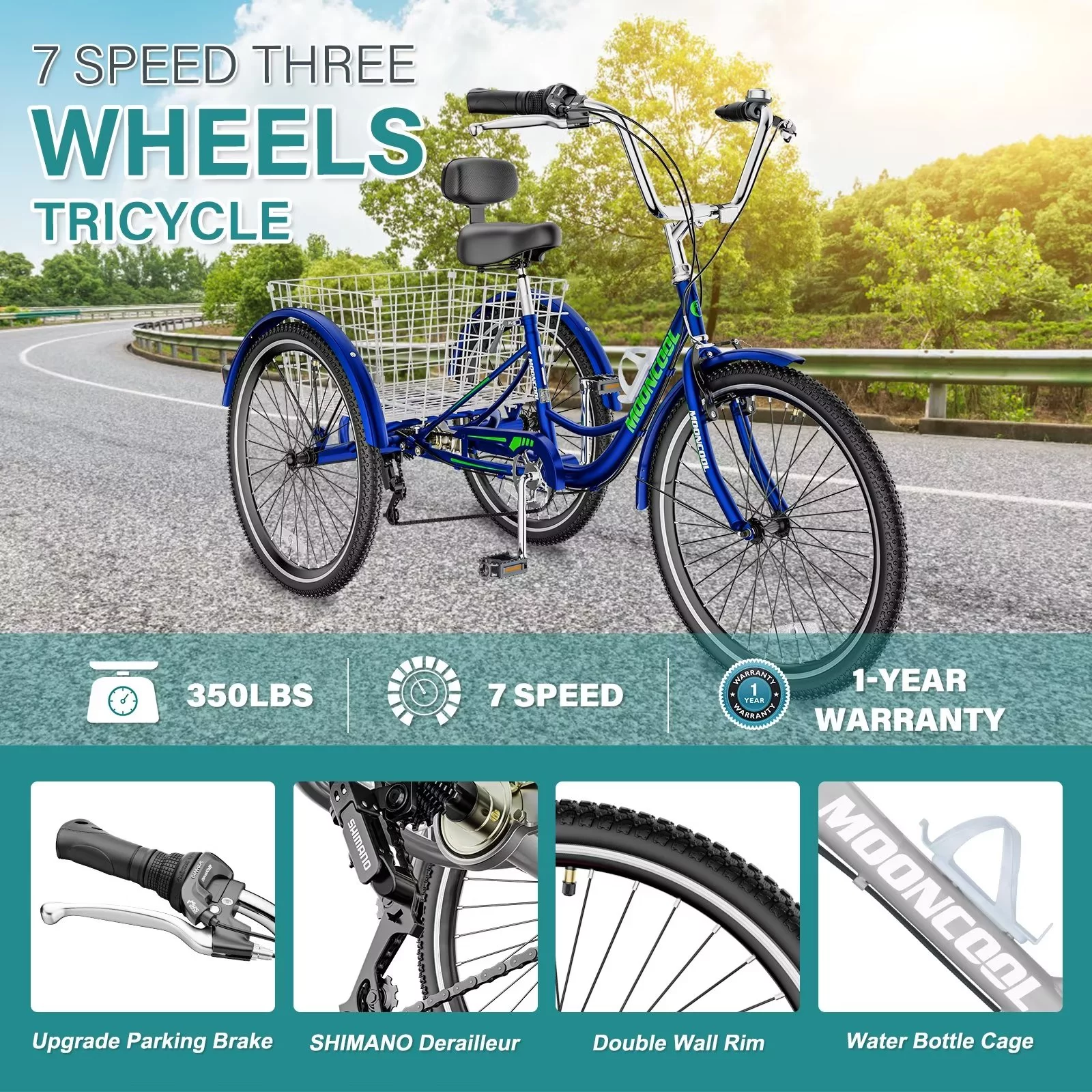 MOPHOTO Adult Tricycles 3 Wheel 7 Speed Trikes, 20/24/26 inch with Big Basket for Shopping, Picnics Exercise Men's Women's Senior's Trike