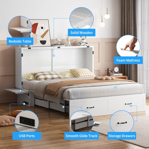 PUREMIND Murphy Bed Cabinet with Mattress Included, Queen Cabinet Beds with Storage Drawers, Murphy Chest Bed with USB Charging Station, Murphys Space-Saving Wallbed for Bedroom, Guest Room