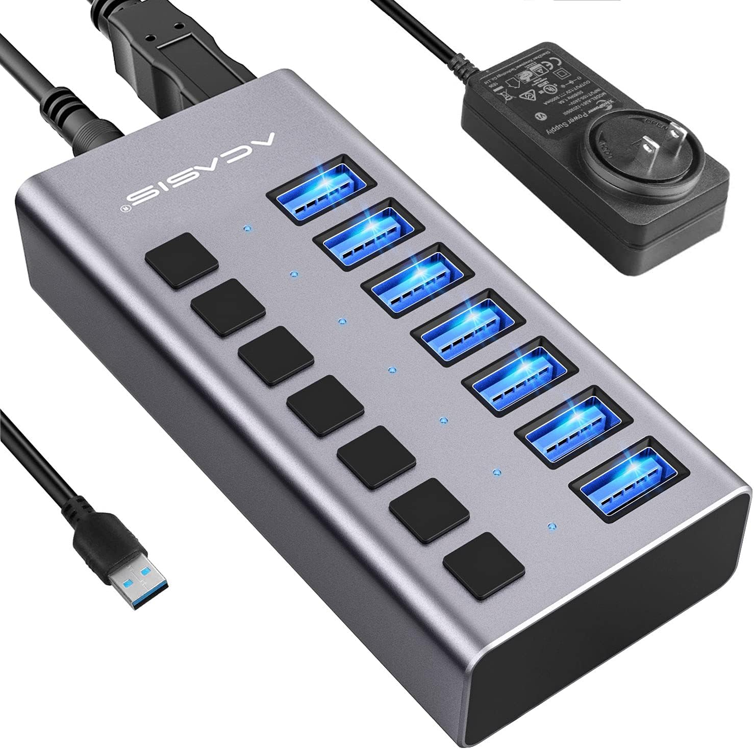 Powered USB Hub - ACASIS 10 Ports 48W USB 3.0 Data Hub - with Individual On/Off Switches and 12V/4A Power Adapter USB Hub 3.0 Splitter for Laptop, PC, Computer, Mobile HDD, Flash Drive and More