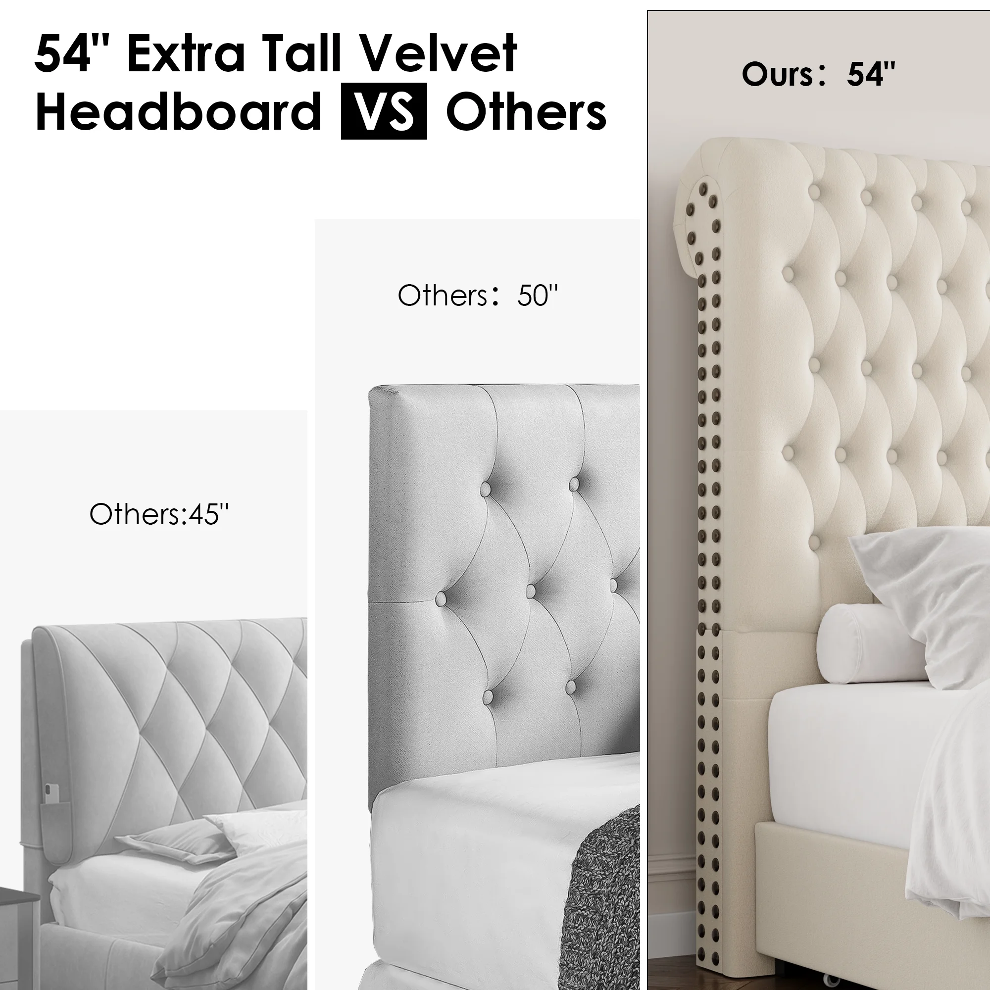 Homfa 54.7" Tall Headboard Bed Frame, Queen Size Storage Bed with Tall Headboard, Tall Upholstered Bed with Footboard and Drawers, Off-white