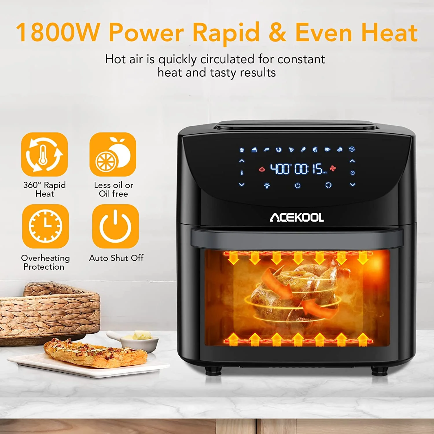 Air Fryer Oven 10-in-1, 20QT Acekool Large Airfryer Toaster Oven Combo 1800W Air Fryers with Rotisserie and Racks, Dehydrator, LED Digital Screen, 9 Accessories and Recipe Cookbook