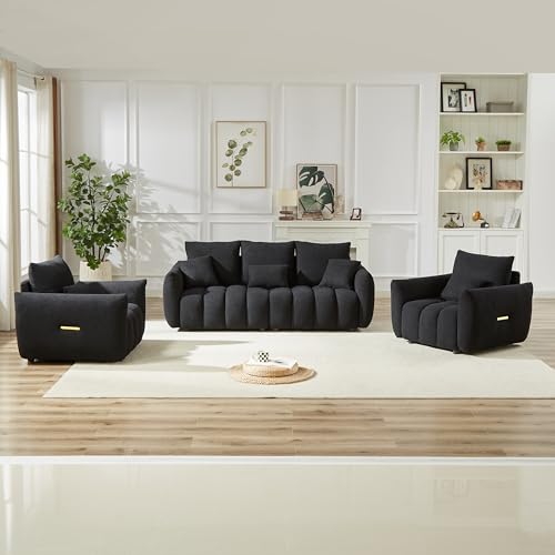 2 Piece Teddy Cloud Sofa Couch Set, Modern Deep Seat 3 Seater Boucle Sofa & Single Sofa Chair, Cozy Upholstered Sherpa Living Room Furniture Set for Apartment Office, Black