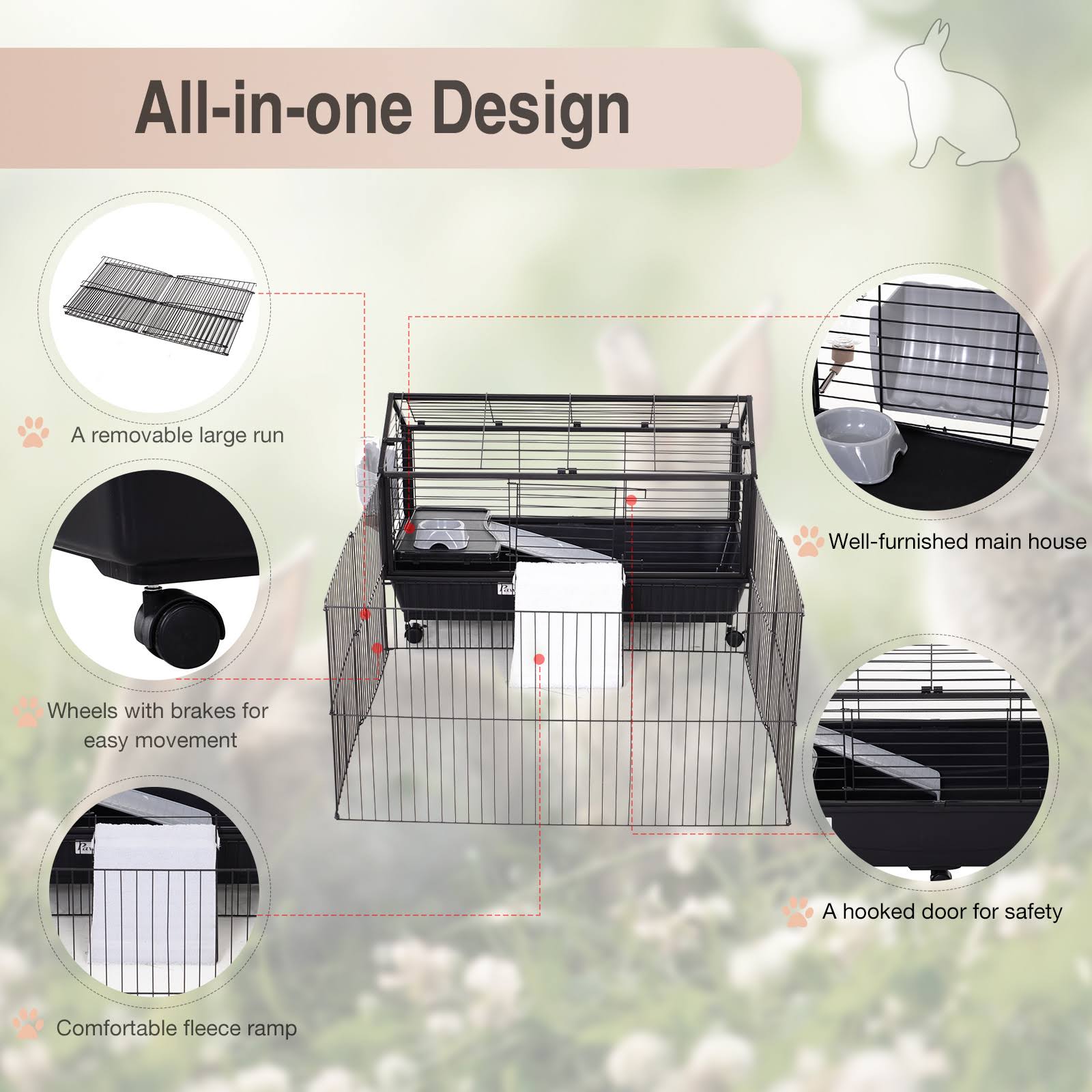 Pawhut Rolling Metal Rabbit Guinea Pig or Small Animal Hutch Cage with Main House and Run 35x22 L