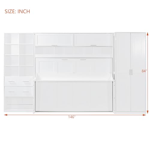 KLMM Wooden Murphy Bed Wall Bed with 2 Wardrobe and Storage Shelf,Foldable Platform Bedframe for Guest-Room Bedroom Study Office Use (White#E, Full)