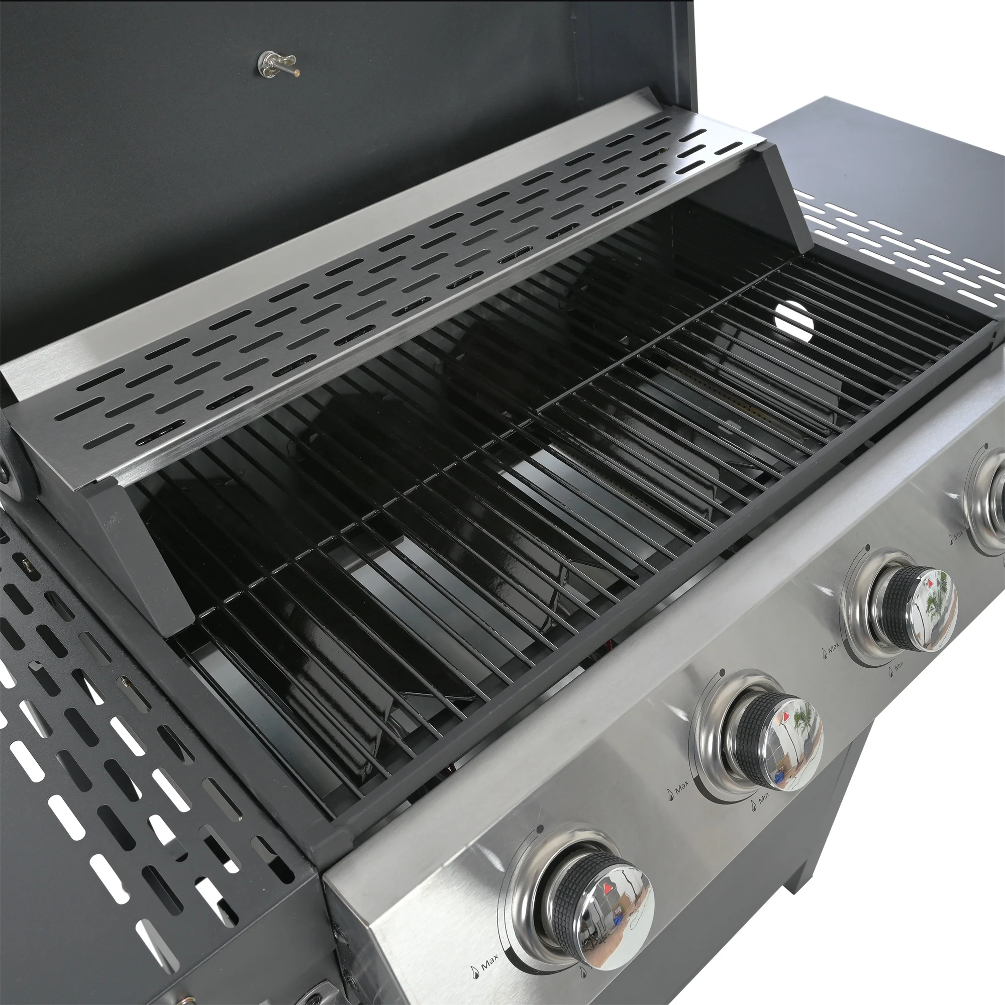Highsound 3 Burner BBQ Propane Gas Grill with Side Burner, Stainless Steel 37,150 BTU Patio Garden Barbecue Grill with Thermometer, Black