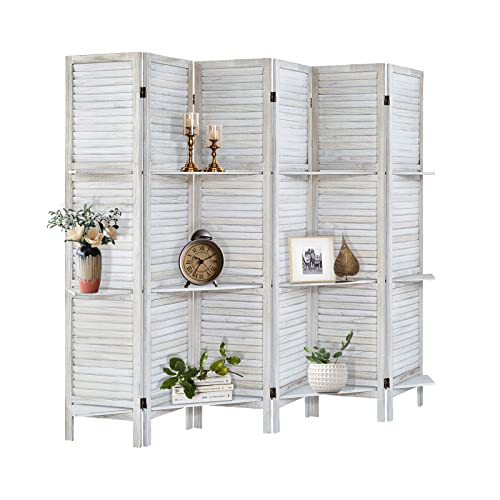 Room Divider with Shelves, Privacy Screen, Room Dividers and Folding Privacy Screens, 5 Panel Wood Temporary Wall Partition Separation Separator, Coconut