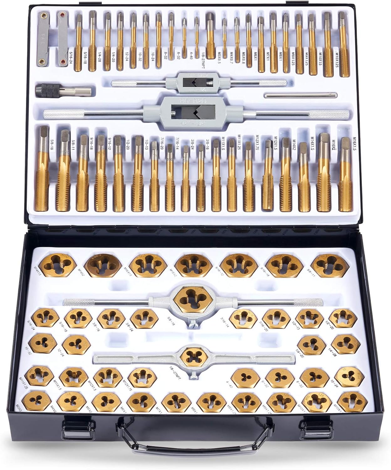 ORION MOTOR TECH 86pc Tap and Hex Die Set in SAE and Metric | Titanium Coated Steel Tap Set and Die Tool Set for Homeowners Mechanics Metric Standard Internal External Threading(Iron Case)