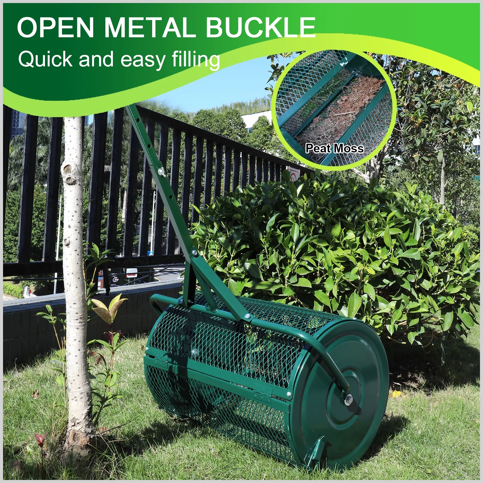 24" Compost Spreader, Aesraou Lightweight Manure Peat Moss Spreader with Upgrade T-Shaped Handle for Lawn and Garden Care Manure Spreaders Roller (Green-Small)