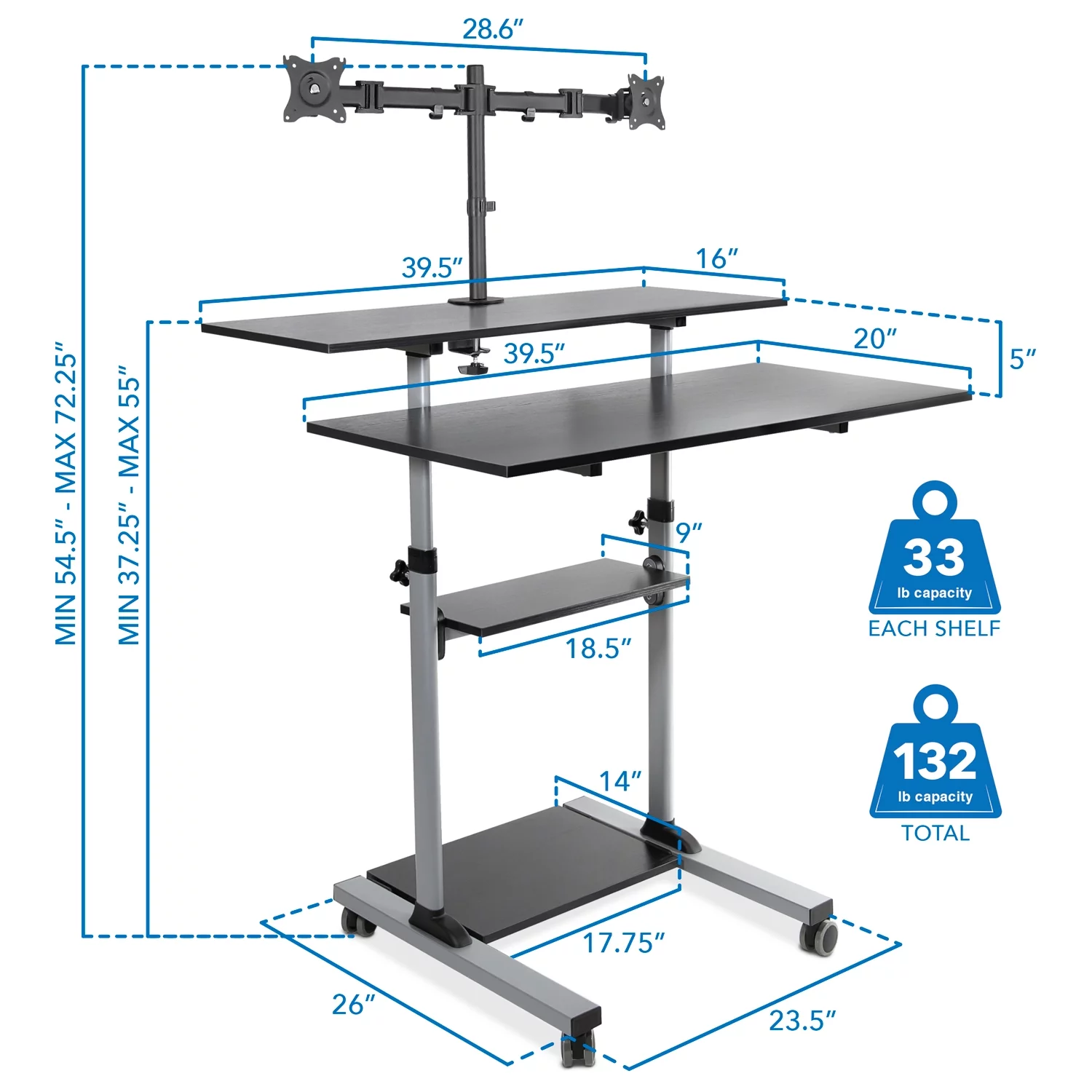 Mount-It! Extra Wide Mobile Standing Desk with Dual Monitor Mount | Rolling Computer Workstation