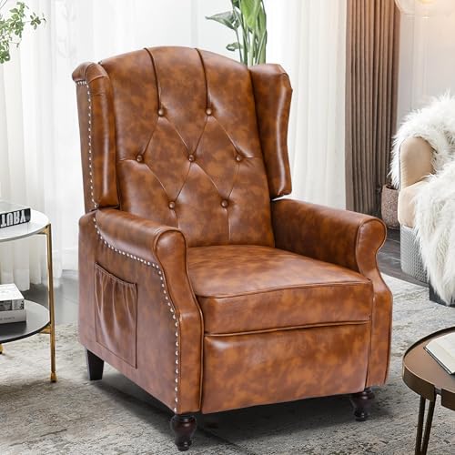 Wingback Recliner Chair with Massage and Heat, Tufted Fabric Pushback Recliner Chair, Wingback Chair with Remote Control, Padded Cushion, Wooden Legs, Small Recliners for Small Spaces