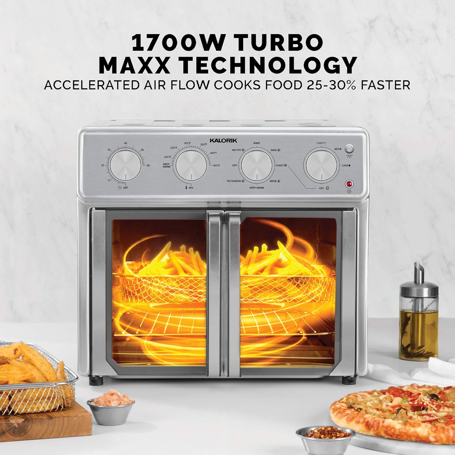 Kalorik MAXX AFO 47267 Air Fryer Oven 26 Quart 9-in-1 Countertop Toaster Oven and Oil-less Air Fryer Combo - Fry, Bake, Roast, Rotisserie, & More - 7 Easy-to-Clean Accessories | 1700W | Stainless Steel