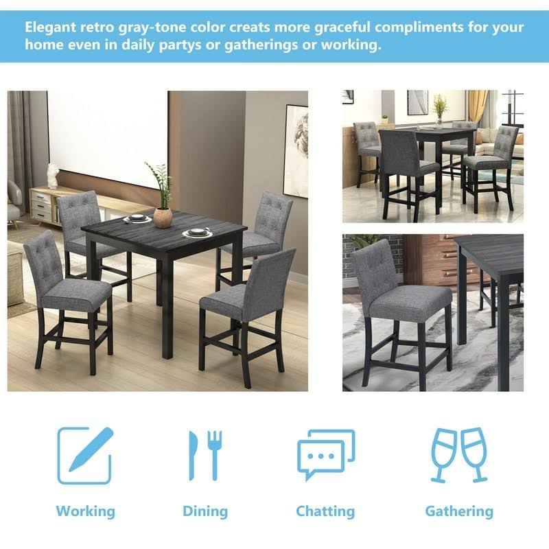 [Pre-sale]5-Piece Dining Set Wood Square Dining Room Table and Chairs Stools - Grey
