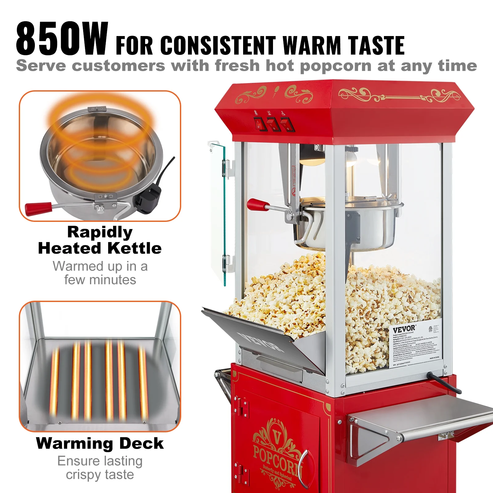 VEVOR Popcorn Popper Machine 8 oz/0.5 lbs 48 Cups Capacity Popcorn Maker Cart 850W Red, Suitable for Party or Office