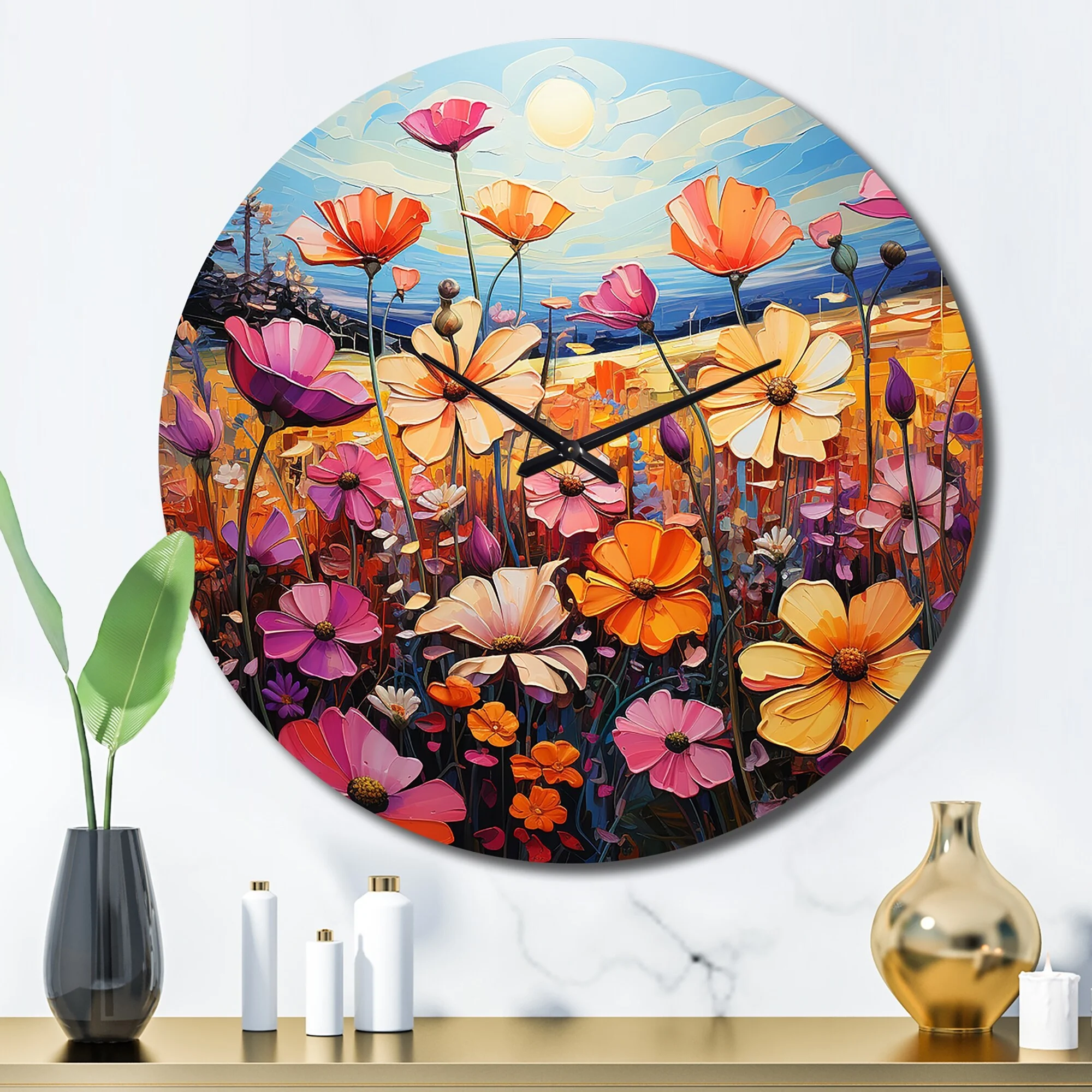 Designart "Symphony of Purple and Yellow Wildflowers" Floral Oversized Wall Clock