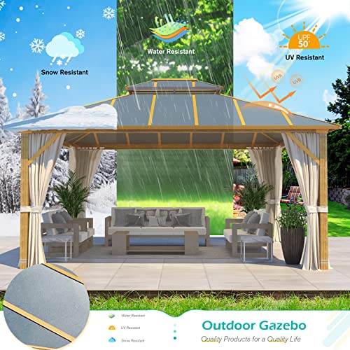 YOLENY 10' x 12' Hardtop Gazebo, Wood-Looking Gazebo with Galvanized Steel Double Roof, Aluminum Frame, Permanent Metal Pavilion with Netting and Curtains for Deck, Backyard, Patio and Lawns
