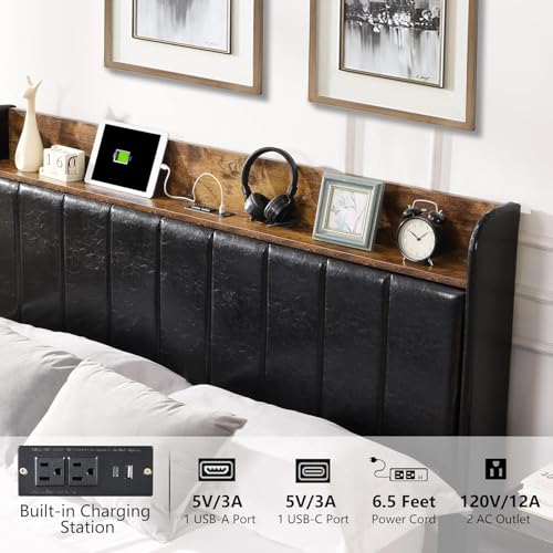 Queen Bed Frame with Headboard & Charging Station, Upholstered Platform Bed Frame with 2 Storage Drawers, Sturdy Wooden Slats Support/No Box Spring Needed/Noise Free/Easy Assembly/White