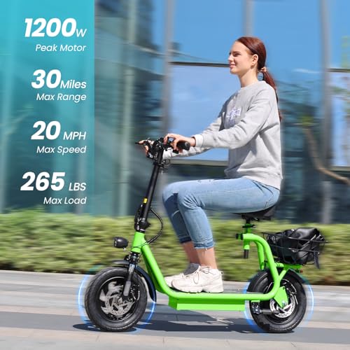 Caroma Electric Scooter with Seat,1200W Peak Motor,LED Display & 3 Speed Modes,30 Miles Max Range,Height Adjustable Seat & Foldable Electric Scooter with Basket,Front Suspension & Storage Hook