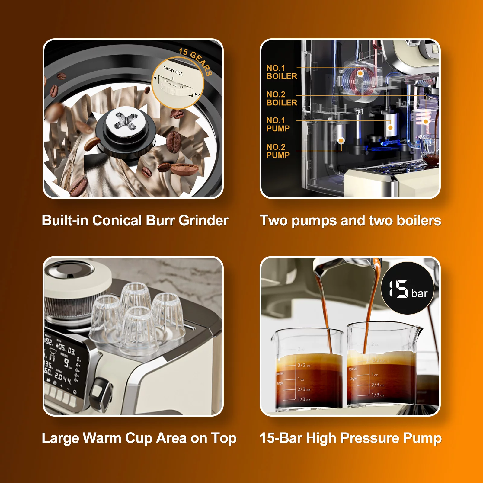 Mcilpoog Espresso Machine with Milk Frother，Semi Automatic Coffee Machine with Grinder,Easy To Use Espresso Coffee Maker with 6 inch Large Screen,15 Bar Pressure Pump,PID Temperature Control.（TC520）